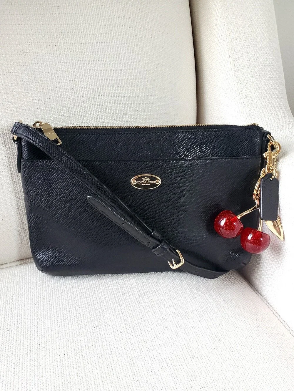 Coach Black Leather Shoulder Bag, East West Crossbody Purse With Cherry Charm